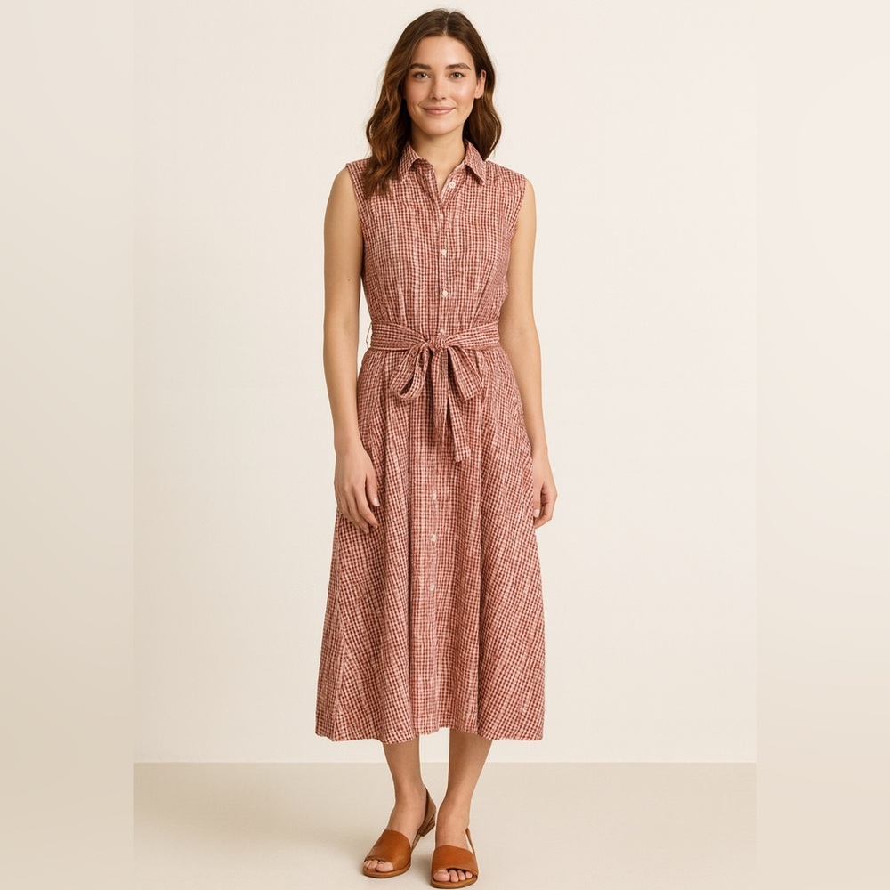 Max Studio Women’s Red Cream Embroidered Gingham Sleeveless Cottagecore Dress